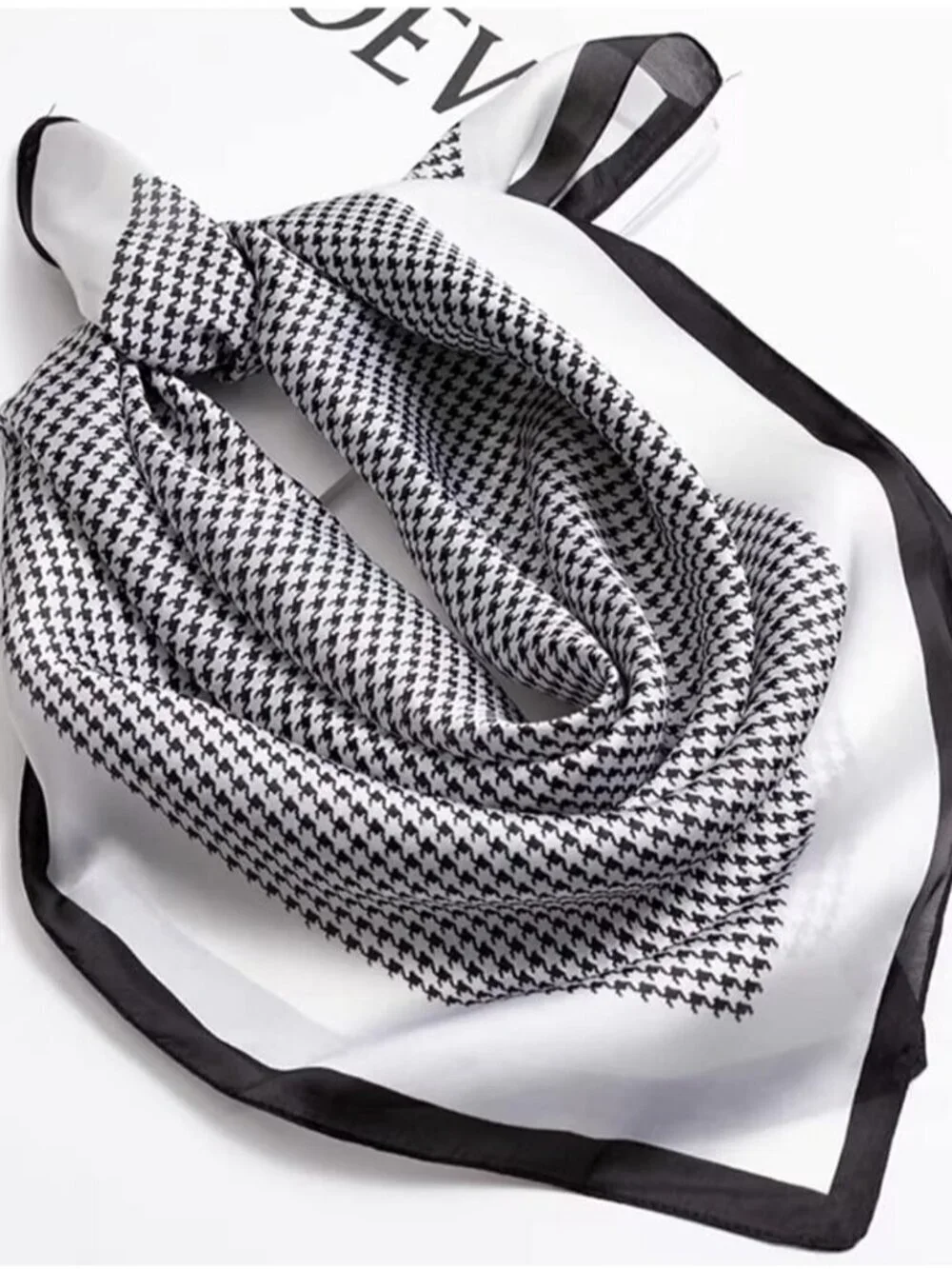 Women's  White Black Houndstooth Scarf for Hair Digital Printed Headscarf Silk